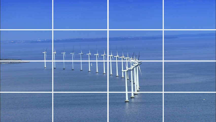Montage of multiple images showing wind & solar power producing environmentally clean & sustainable energy
