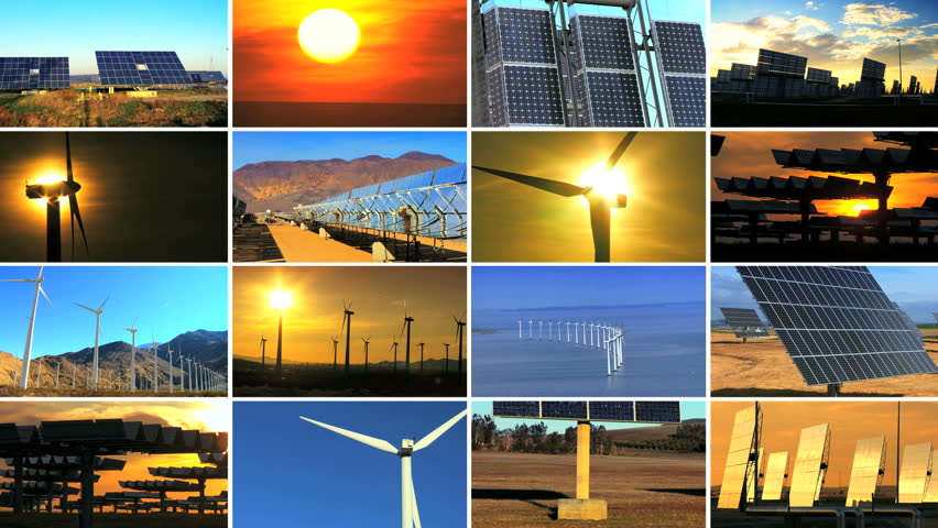Montage of multiple images of wind turbines & solar panels producing clean sustainable energy during the day & sunset