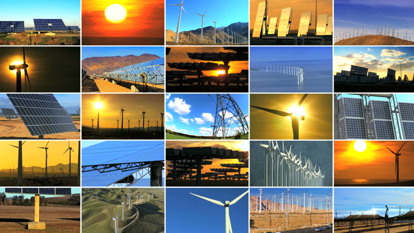 Montage of multiple images showing wind & solar power producing environmentally clean & sustainable energy