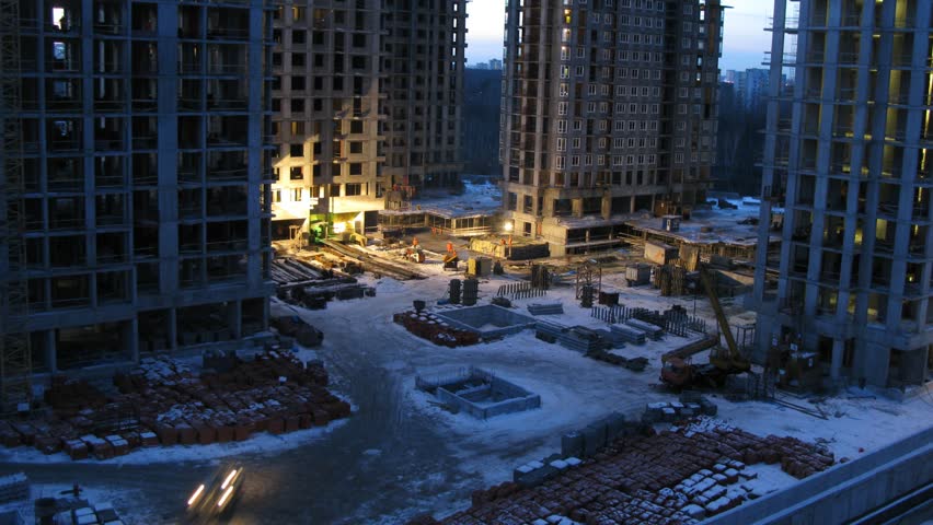 Work at construction site continued after sunset, time lapse