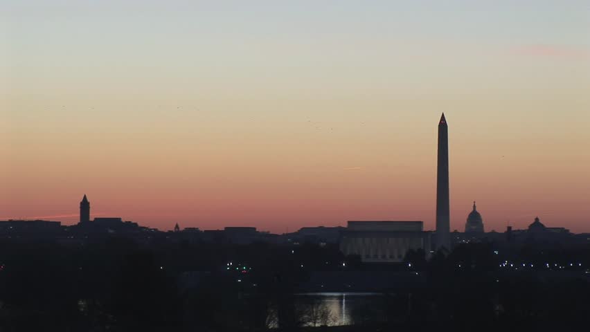 Sunrise over Washington D.C. with the Lincoln Memorial, Washington Monument and Capitol Building