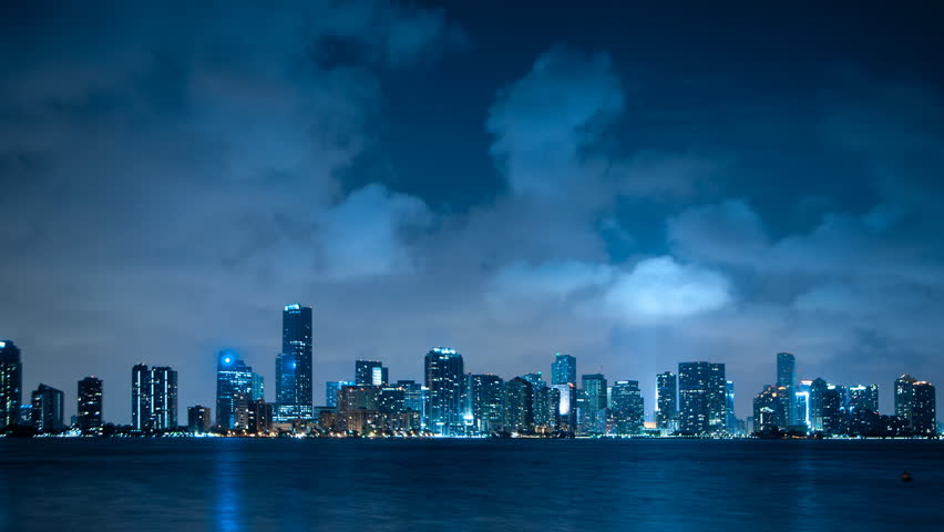 Time lapse of the Miami skyline with lots of clouds passing by