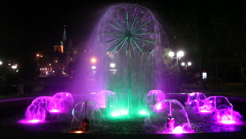 Colorful, illuminated fountain in 18th of March Park, in Kolobrzeg