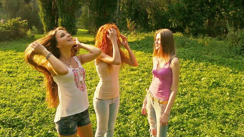 Three Friends Young Pretty Girls Caucasians Having F