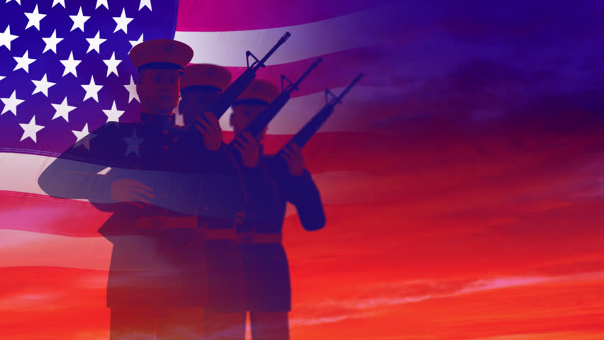 Render of soldiers shooting rifles, saluting against the sky and the American flag