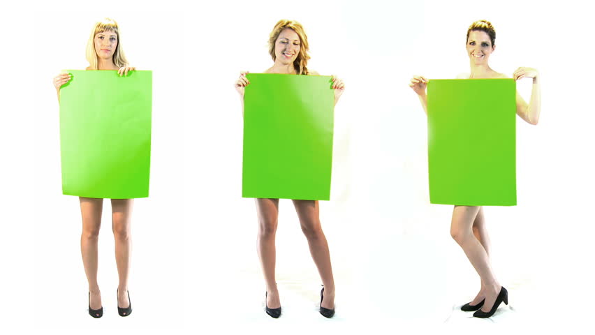 Three sexy girls holding billboard signs. Full figure.