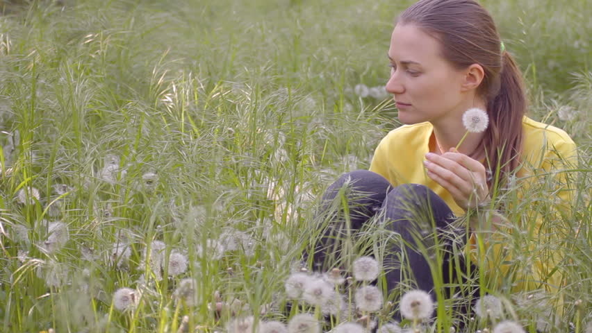 Young woman plucking dandelions, covered with seeds sitting on weed's meadow, blowing dandelion's seeds, flirting, smiling, bowing her head to knees. 