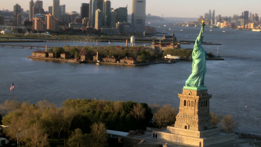 Aerial view of the Statue of Liberty, Ellis Island and Downtown Manhattan, New York, North America, USA