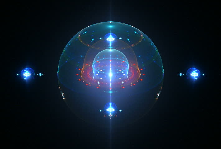 Computer generated satellite or spaceship rotating and changing color in outer space.  Seamless loop.