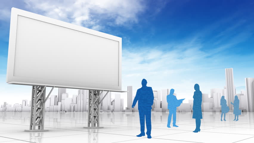 Group of business people stands near a blank billboard