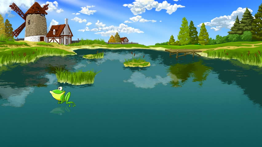 Funny frog dives into the water, blinks his eyes, sticks out his tongue. Pelican catches a frog, but it strikes a bolt of lightning. The crocodile swims and swallows a frog. Animated cartoon.