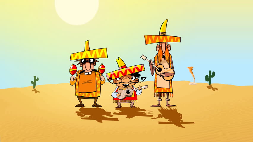Funny mariachi  pop group and a donkey. Animated cartoon