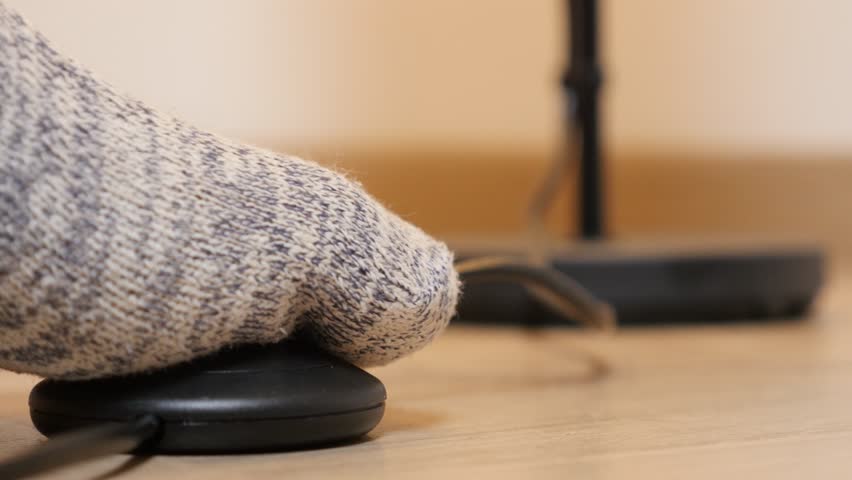 Modern Stand Lamp Foot Switching On And Off Close-up On Button 4K ... Modern Stand Lamp Foot Switching On And Off Close-up On Button 4K ...