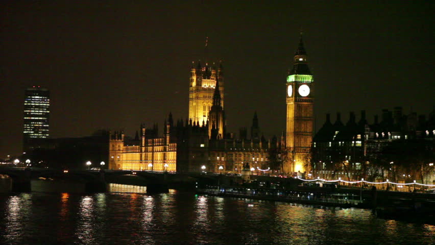 London skyline at night with Big Ben, Houses of Parliament, Westminster Bridge and Thames River