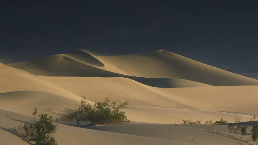 A breeze blows across dramatic sand dunes.