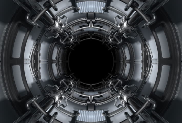 The chamber goes inside a spacecraft. The chamber reaches metal doors. The account begins. The account comes to an end. Doors open. The Alpha Channel is included.