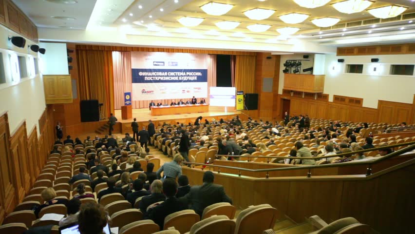 MOSCOW - DECEMBER 10: People sit in Financial Forum on December 10, 2010 in Moscow, Russia. The forum is a  platform where worldwide representatives of Banks, Asset Management Companies, Family Offices & HNWIs exchange their views.
