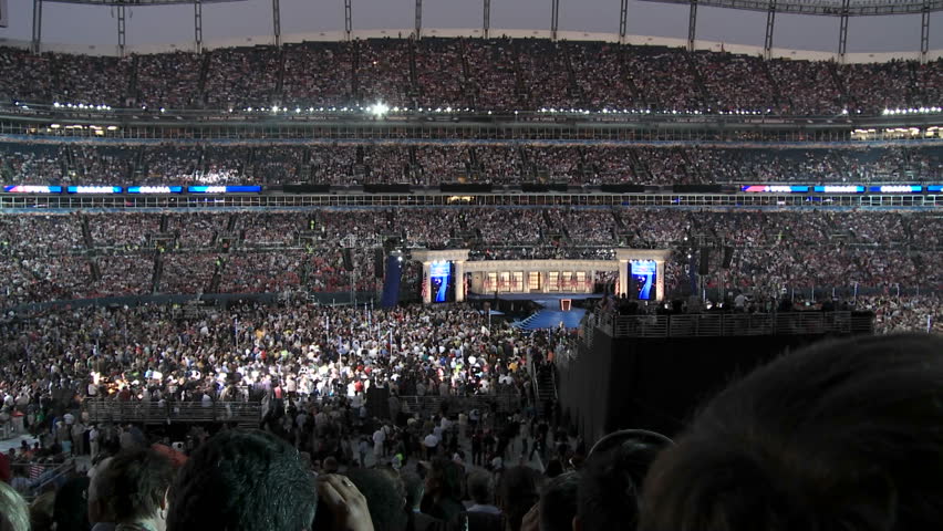 Spot lights illuminated a packed Investco Field as Presidential Nominee Barack Obama delivers his acceptance speech during the final night of the 2008 Democratic National Convention in Denver Colorado