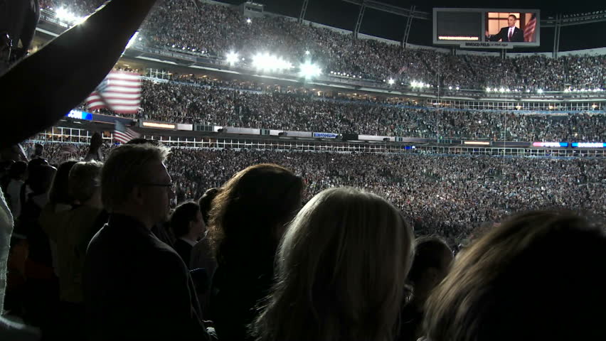 DENVER, CO - CIRCA 2008: Presidential Nominee Barack Obama addresses a packed Investco Field at the 2008 Democratic National Convention circa 2008 in Denver Colorado.