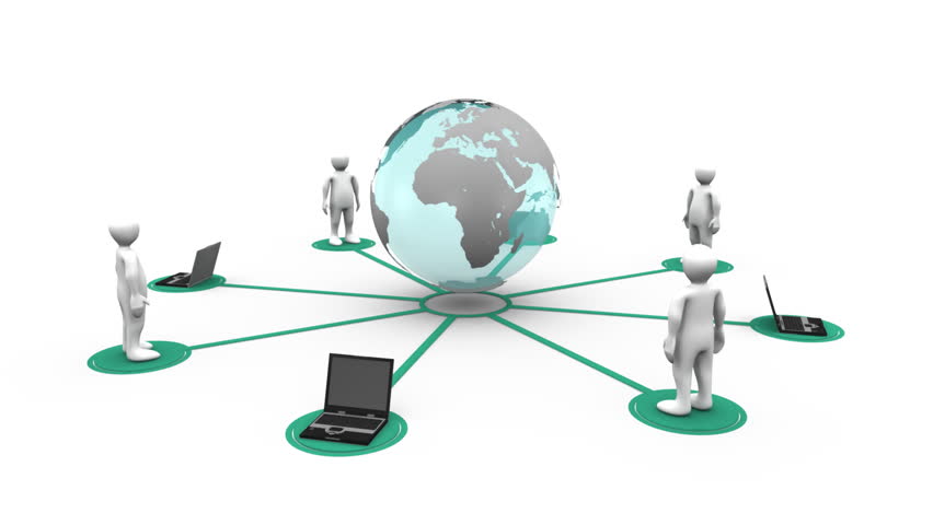 3d men and laptops linked to a planet globe against a white background