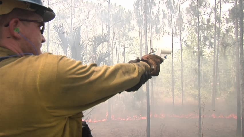 EVERGLADES, FL - CIRCA 2009: Firefighters fire a flare during a prescribed fire circa 2009 in the Everglades.
