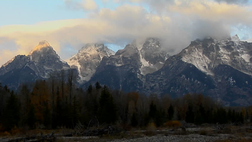 Clouds move across the Grand Teton mountain range