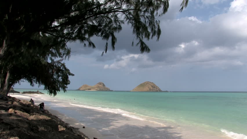 Tropical beach on Oahu, Hawaii. Islands off shore in Pacific ocean. Outriggers paddling by distance islands. Waves on white sand with tree limbs overhead. Scenic, relaxing, calm seascape.