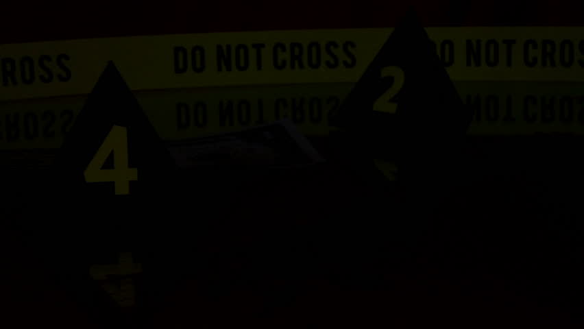Crime Investigation, bloodstains, police markers, flashlight, money.