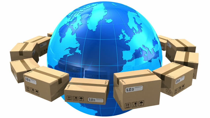 Worldwide shipping concept: row of cardboard boxes around blue Earth globe isolated on white background