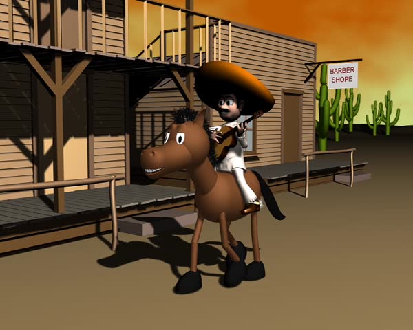 Mexican riding horse and playing guitar in an old western town 3d animation 720x576 PAL@25fps Quicktime mov h264 