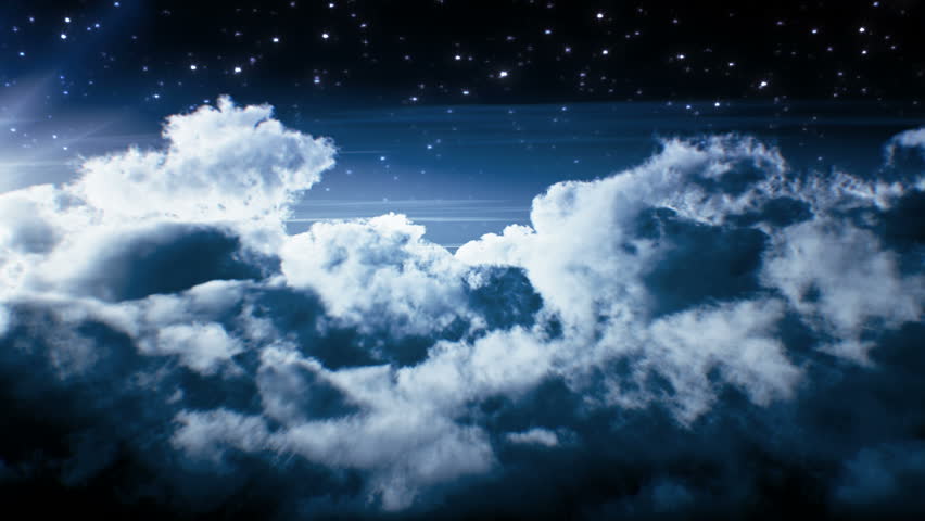 Night flight over clouds. Loop