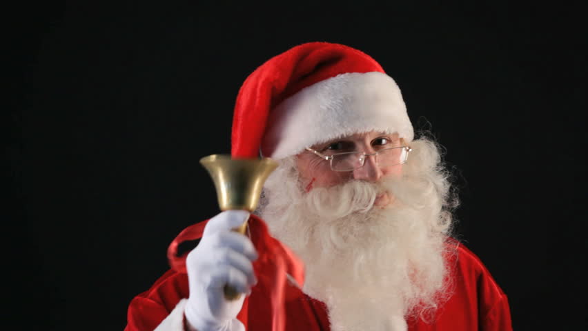 Santa Claus ringing a golden bell with red ribbon