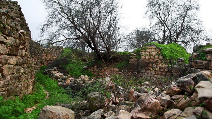 Ruins in the beautiful mountains at Bar'am Israel. The ruins are being taken over by the foliage but you can still see the extensive habitat that was once here