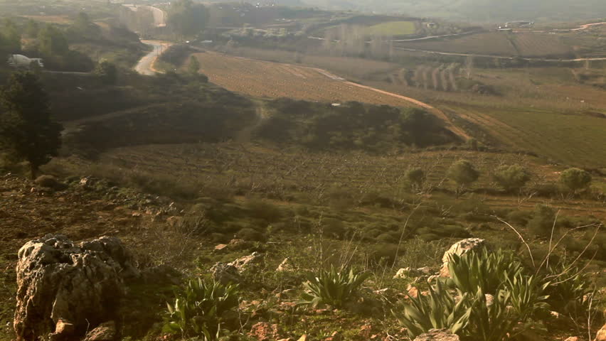 Wide dolly shot right to left of the fields and orchards along the hillsides and valley of the Golan Heights in Israel.  