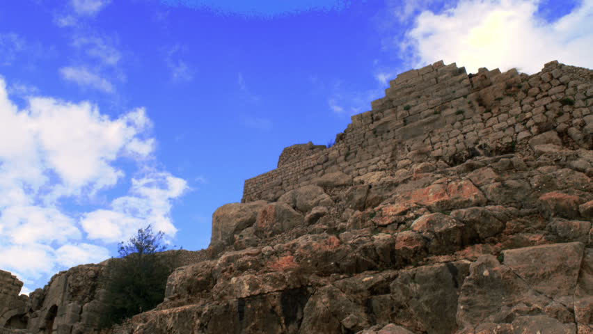 Extreme angle looking up the battlements with a move down to the entry of the Nimrod Fortress in the Golan Heights, Israel.  02/21/2011