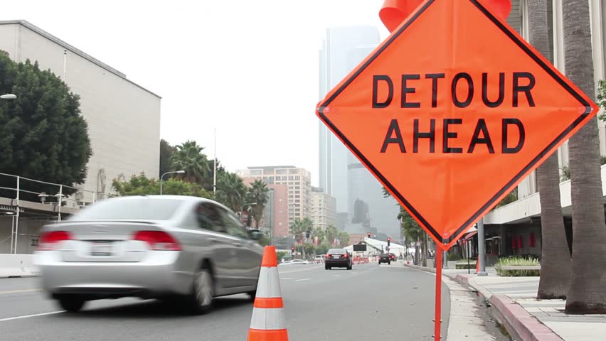 Orange Detour Ahead Sign in downtown LA