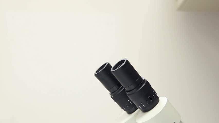Asian researcher in a labcoat looks into a microscope.
