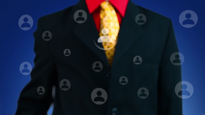 Hand of a businessman pressing button, symbol of social network