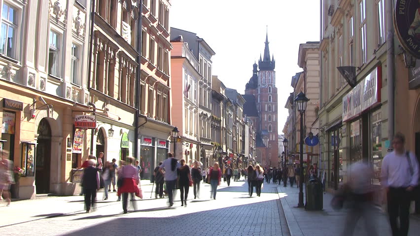 KRAKOW, POLAND: CIRCA 2011: Time-lapse of people walk on Florianska Street.