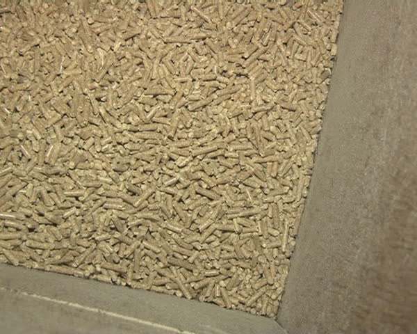 Boiler room tank full of pellets. Organic fuel. 