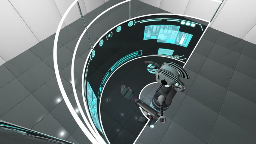 Futuristic 3D robot accessing communication data using touchscreen technology
