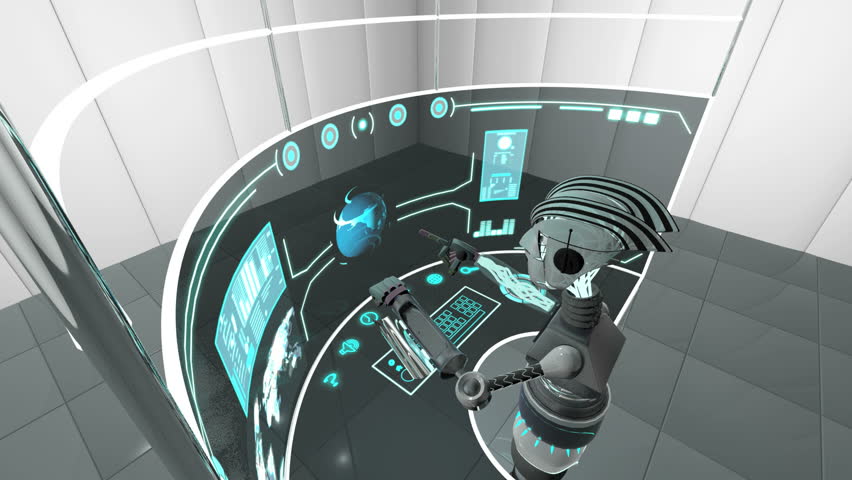 Futuristic 3D robot accessing communication data using touchscreen technology