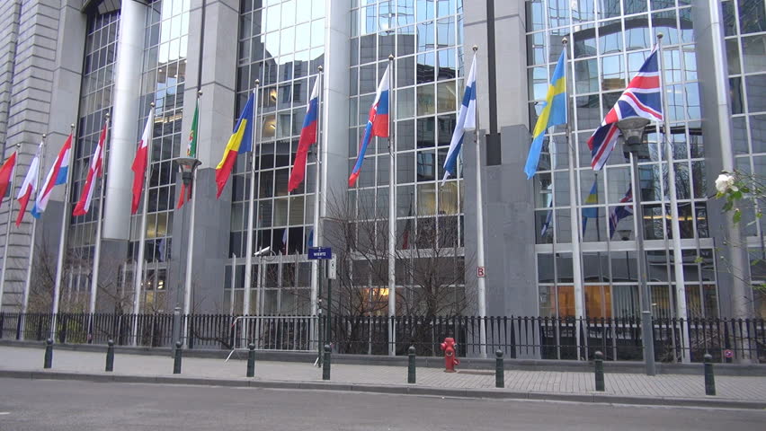 Flags at European Parliament, Brussels, Belgium