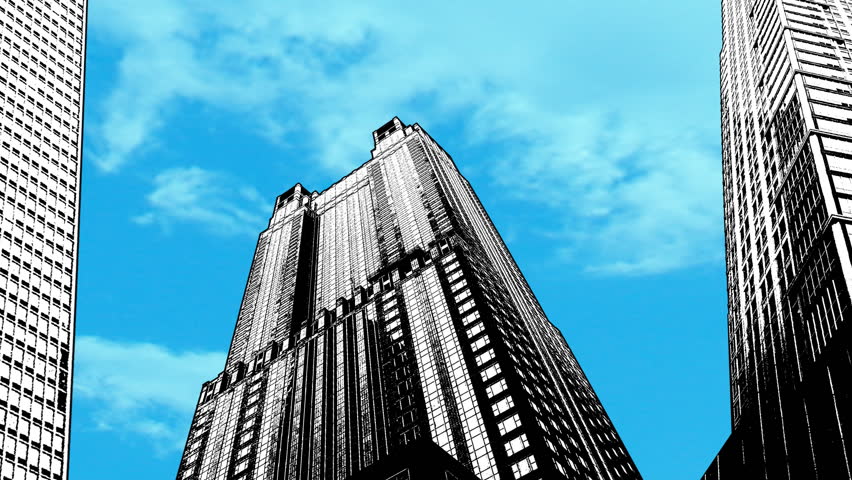 Urban style buildings popping up over a blue sky backdrop. This animation is a seamless loop.