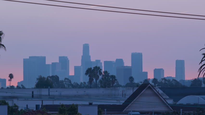 Sunrise over downtown Los Angeles. Timelapse.