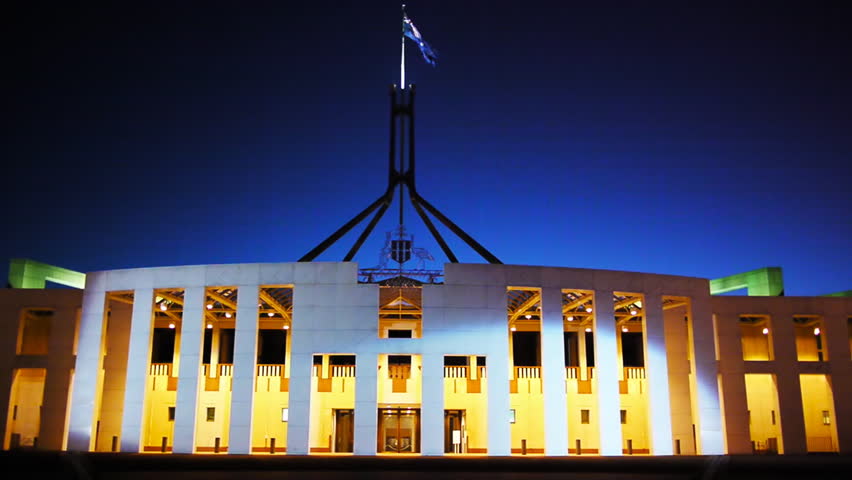 CANBERRA, AUSTRALIA-CIRCA DECEMBER 2011: the facade of Federal Parliament House  at night.
