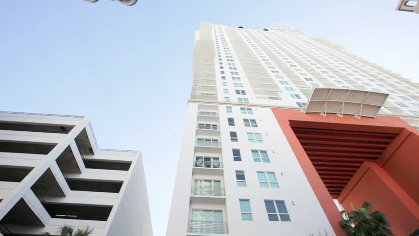 MIAMI, FLORIDA - FEBRUARY 12: Upward rotating view of The Loft II a residential skyscraper in the Central Business District of Downtown Miami, Florida, United States, February 12, 2012, Miami, FL