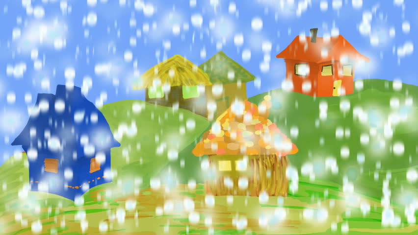 Snowing over village. First snow. Winter scape.