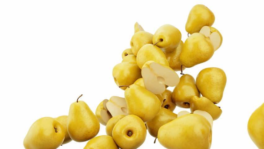 Pears flow with slow motion over white