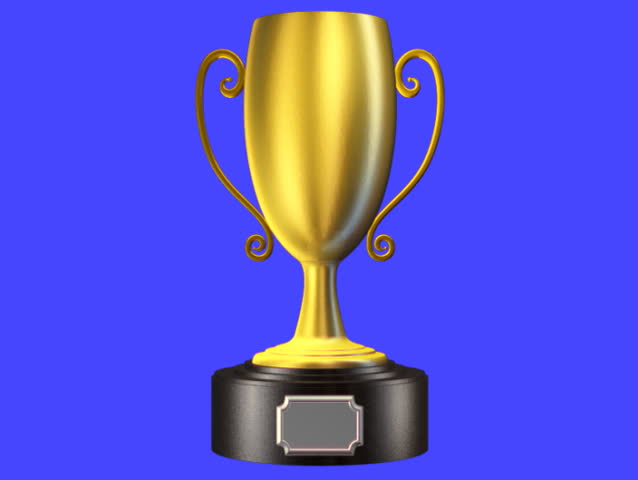 Animated Trophy 3D Chroma Key . Golden trophy cup with silver legend so you can introduce your own text or logo. Use blue screen chroma key to place it as an element on any video project and loop it.